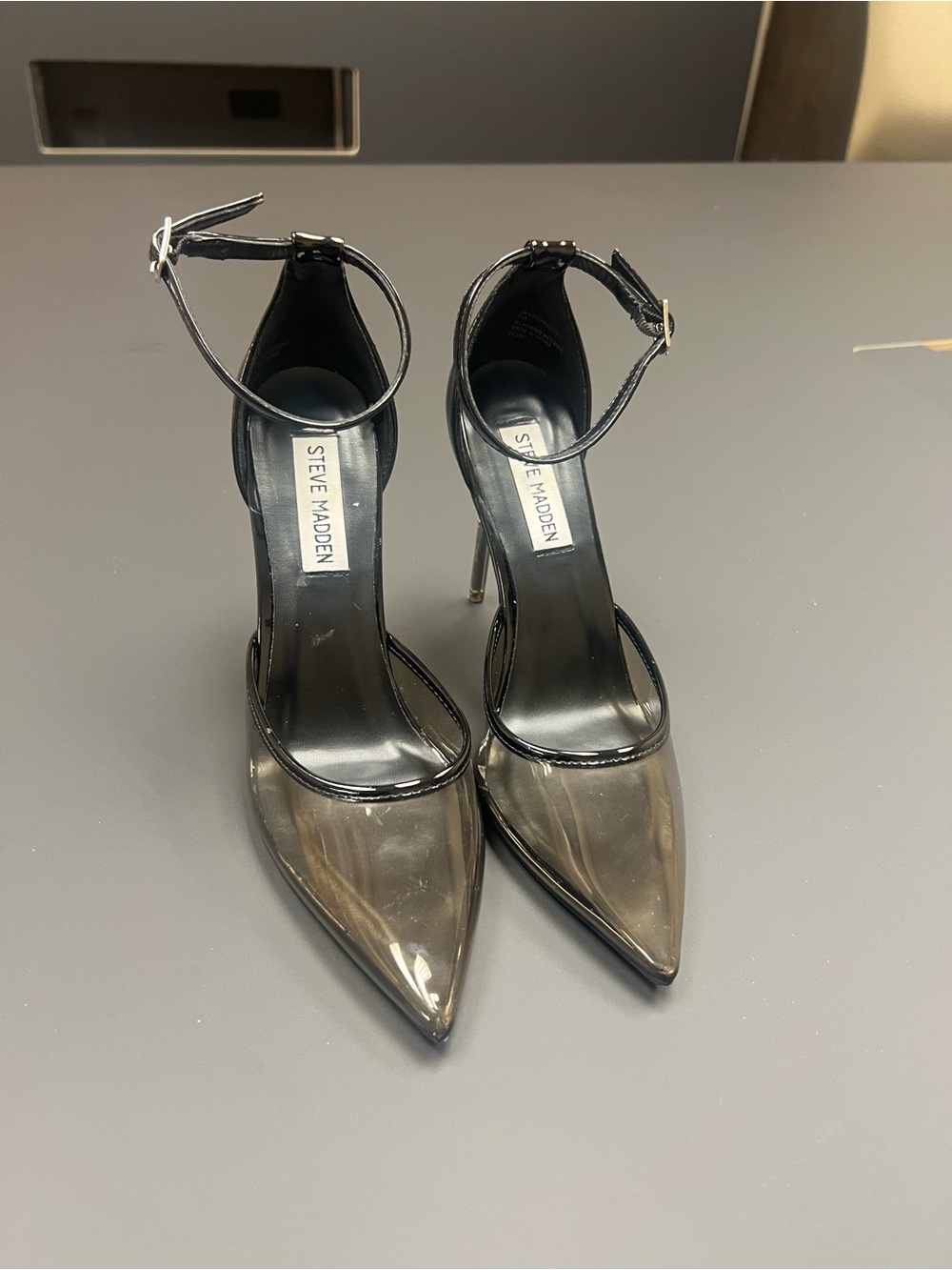 Steve Madden Black Clear Pointed Toe Ankle-Strap Stilettos🖤